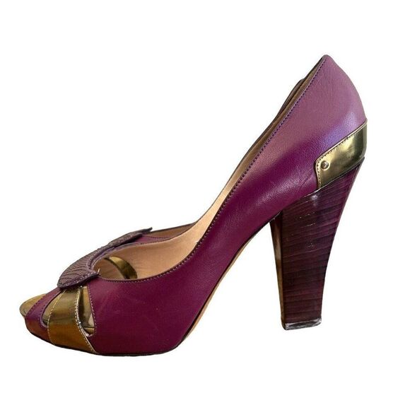 Pollini Women's 9.5 Euro 40 Purple Open Toe Pumps Snakeskin Gold Metallic Heels - Picture 2 of 10